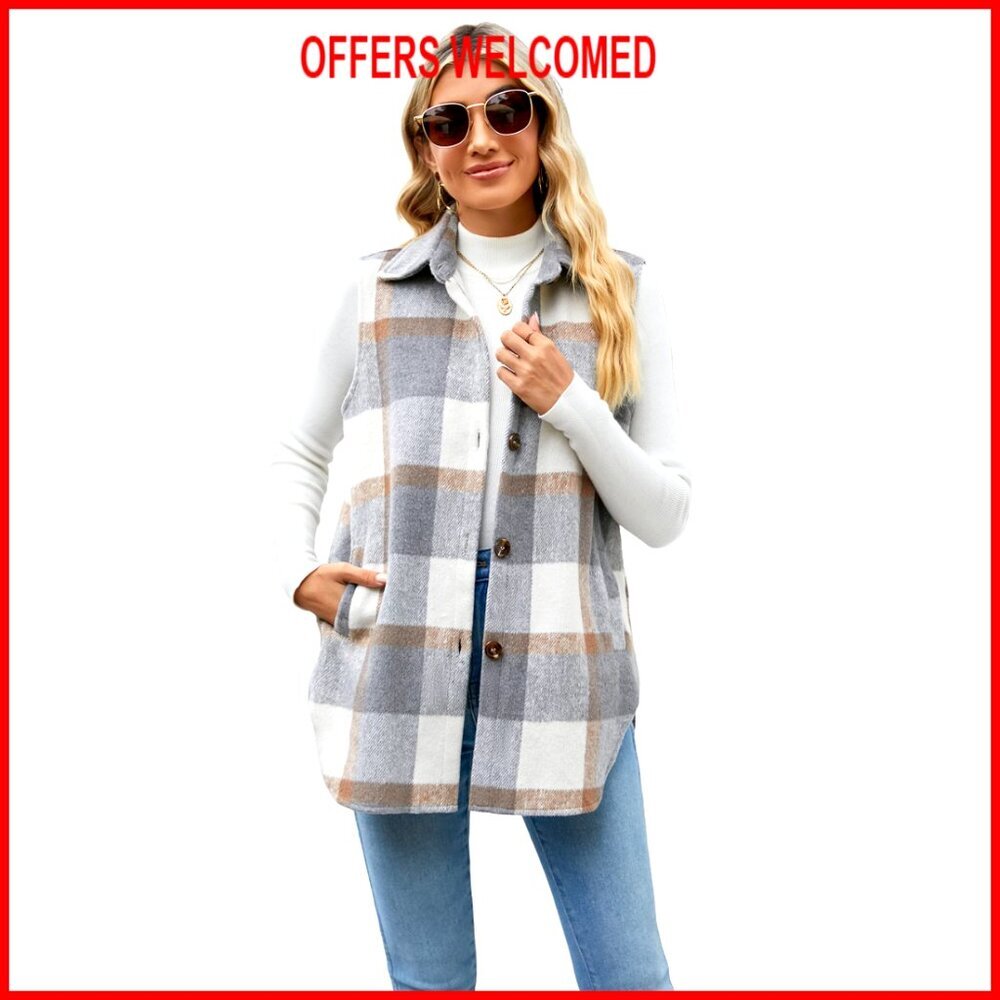 Flannel Plaid Vest Sleeveless Shirt Jacket with Pockets Size M